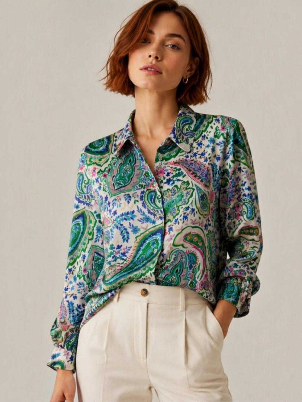 Zara Multicolor Paisley Satin Button-Up Blouse Size XL